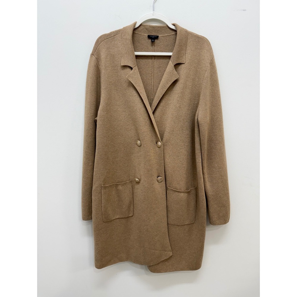 Talbots Cardigan Blazer XLP Camel Tan Double Breasted Knit Longline Old Money